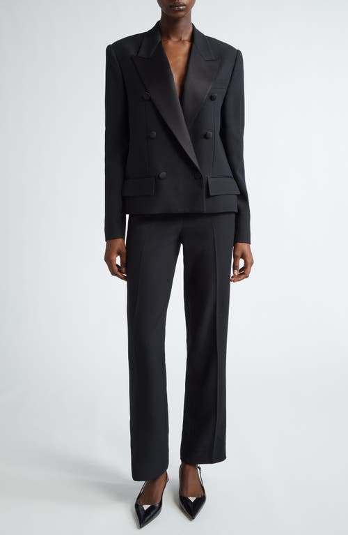 Shop Michael Kors Collection Satin Trim Double Breasted Crepe Blazer In Black