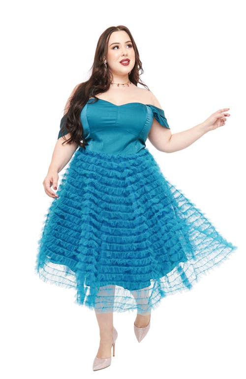 Unique Vintage Plus Size Tulle Off The Shoulder Swing Dress In Teal