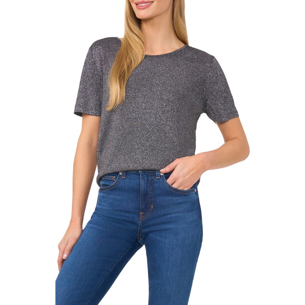 CeCe Metallic Sparkle Short Sleeve Sweater in Midnight Black