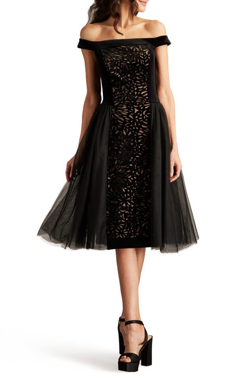 Shop Tadashi Shoji Laser Cut Velvet Off The Shoulder Cocktail Dress In Black/beige