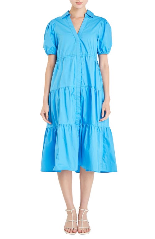 Shop English Factory Tiered Puff Sleeve Poplin Midi Dress In Ocean Blue