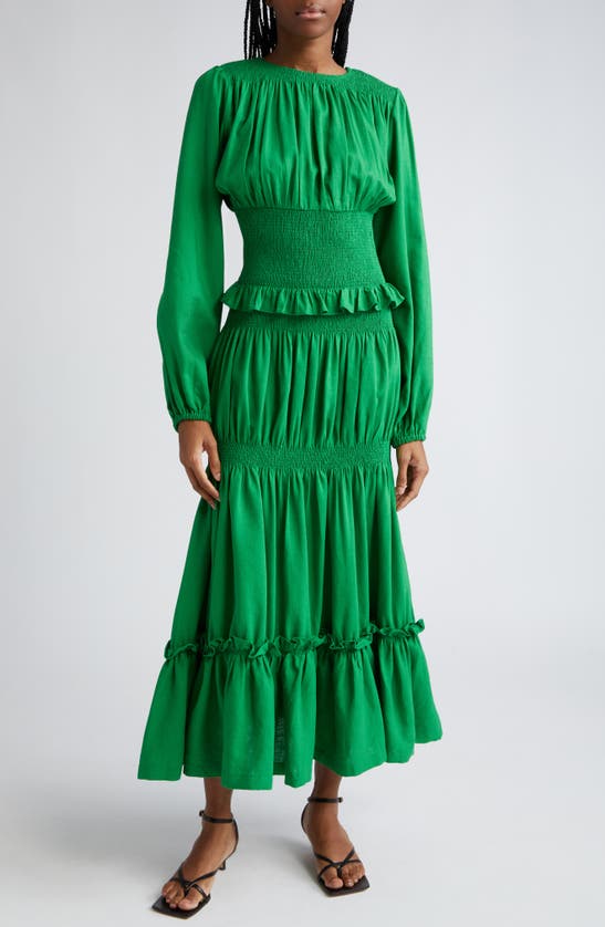 Shop Oríré Gale Smocked Long Sleeve Tiered Maxi Dress In Green