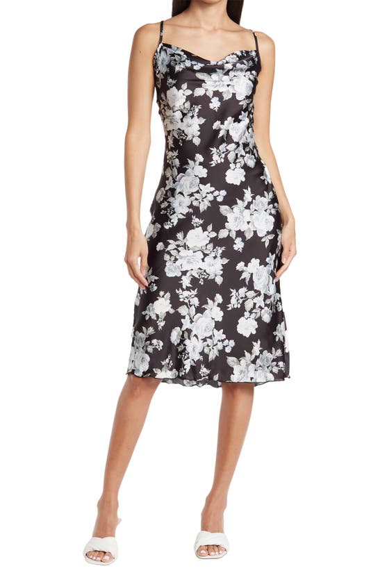 Bebe Printed Satin Bias Midi Dress In Black/ Floral