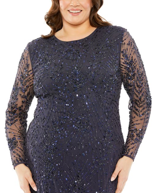Mac Duggal Long Sleeve Mesh Embellished Gown In Midnight