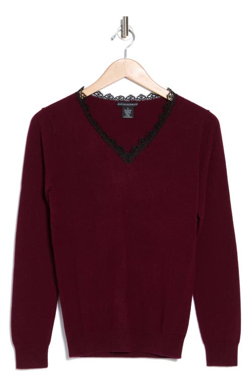 Sofia Cashmere Lace Trim V-neck Cashmere Sweater In Bordeaux