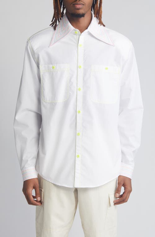 Contrast Stitch Cotton Button-Up Shirt in White