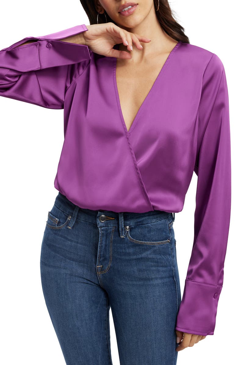 Good American Long Sleeve Stretch Satin Faux Wrap Top, Main, color, Pop Thistle005