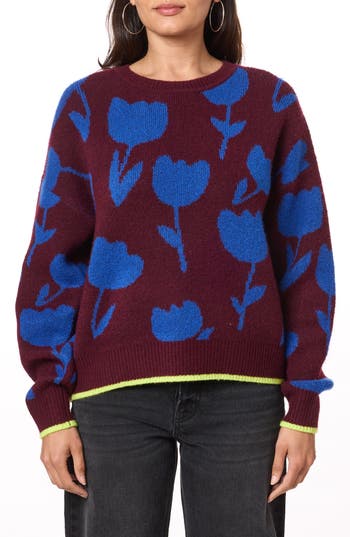 Scotch & Soda Crewneck Pullover Sweater In Burgundy Tulip Intarsia
