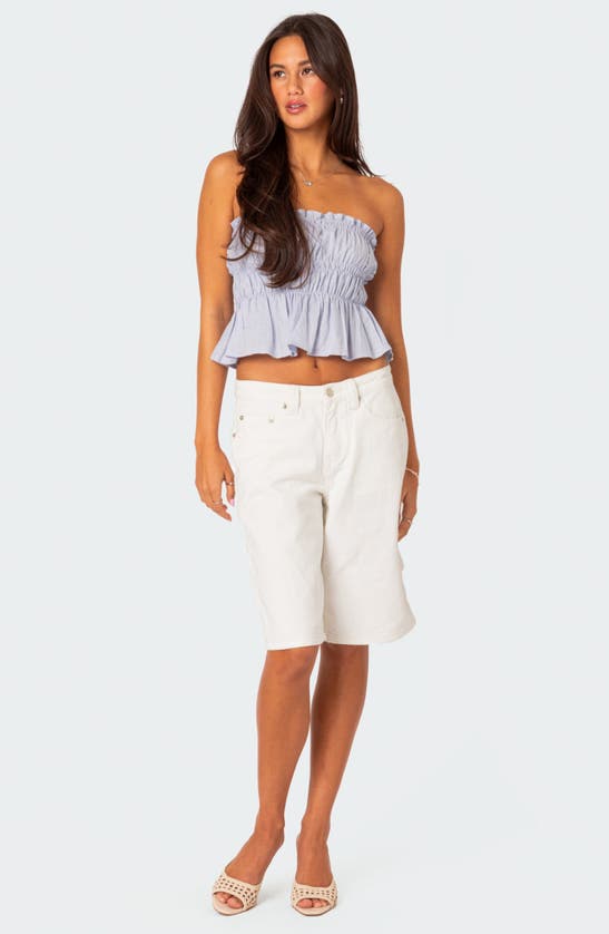 Shop Edikted Katherine Smocked Strapless Crop Top In Light-blue
