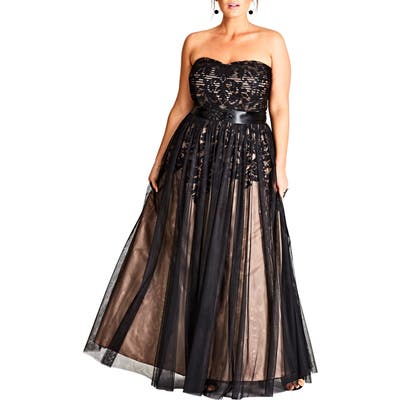 Plus Size City Chic Embellished Tulle Strapless Ballgown, Black
