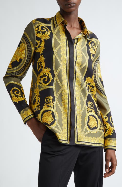 Shop Versace Barocco Print Silk Satin Button-up Shirt In Black Dark Olive Gold