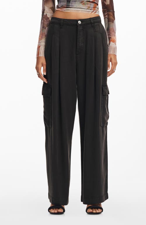 Shop Desigual Wide Leg Pleated Cargo Pants In Black