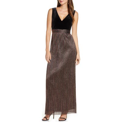 Vince Camuto Mixed Media Metallic Pleat Gown, Metallic