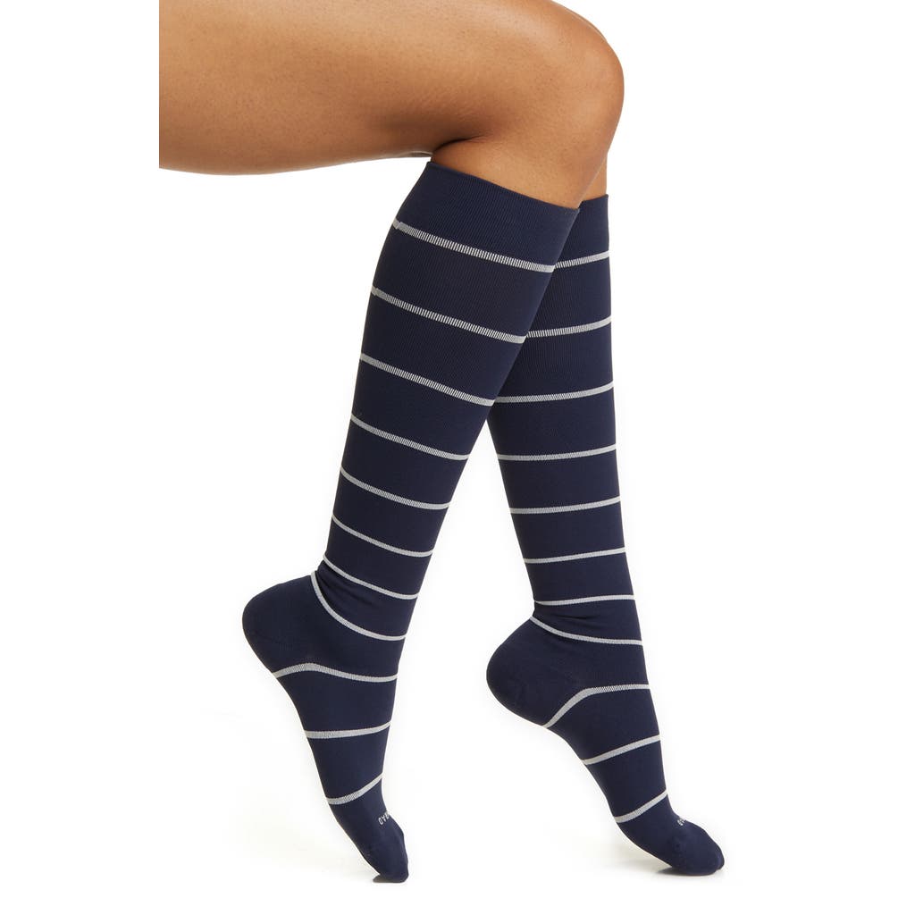 Comrad Stripe Knee High Compression Socks In Navy/sand