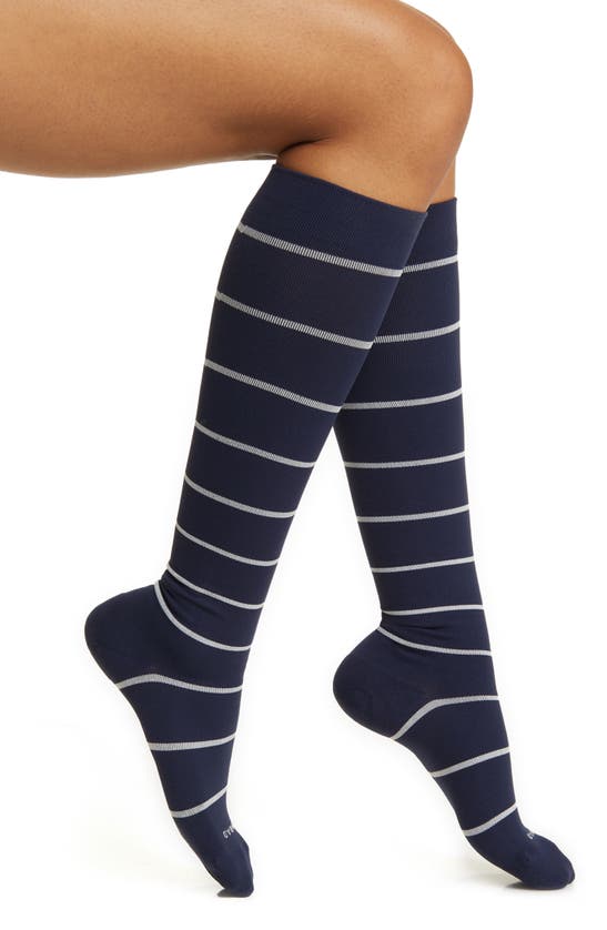 Shop Comrad Stripe Knee High Compression Socks In Navy/ Sand