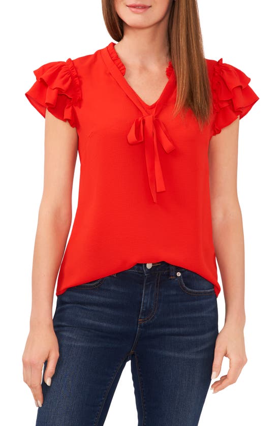 Cece Ruffle Tie Neck Top In Fireball Red