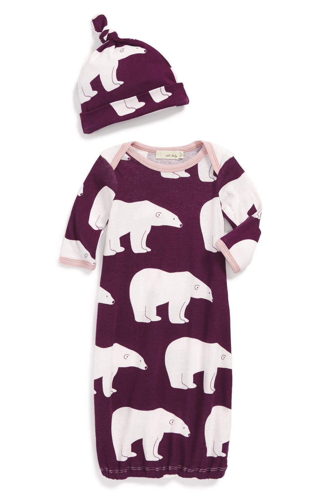 Zebi Baby 'Plum Polar Bear' Organic Cotton Gown & Hat (Baby Girls