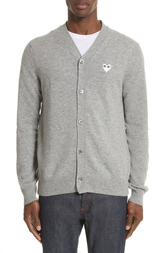 Comme Des Garçons Play White Heart Wool Cardigan In Light Grey
