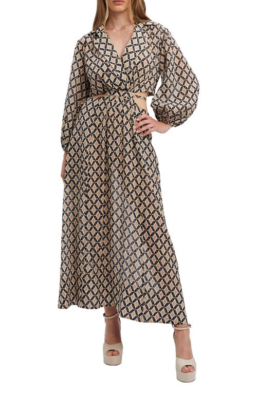 Stevie Geo Print Long Sleeve Cutout Maxi Dress in Beige Abstract
