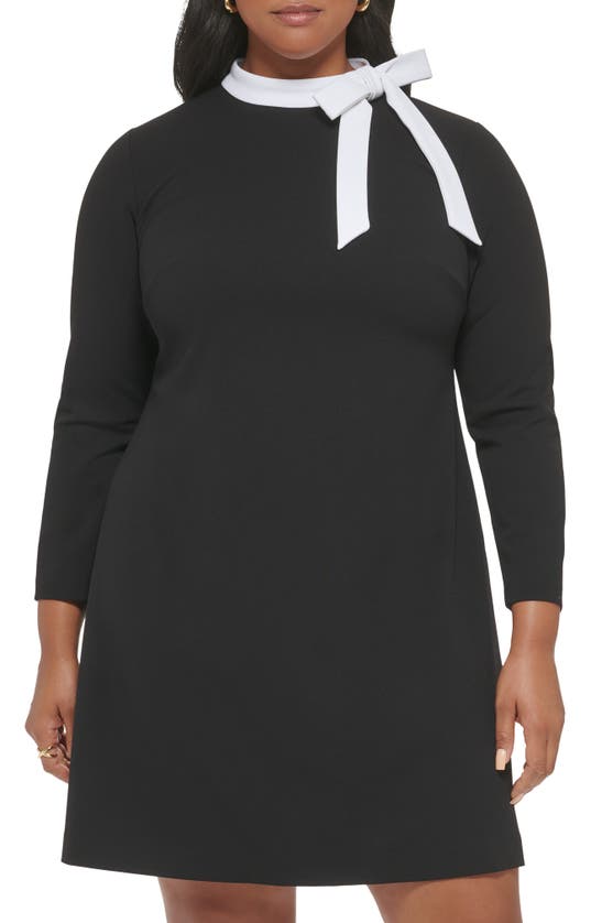 Calvin Klein Tie Neck Long Sleeve Shift Dress In Black/ White