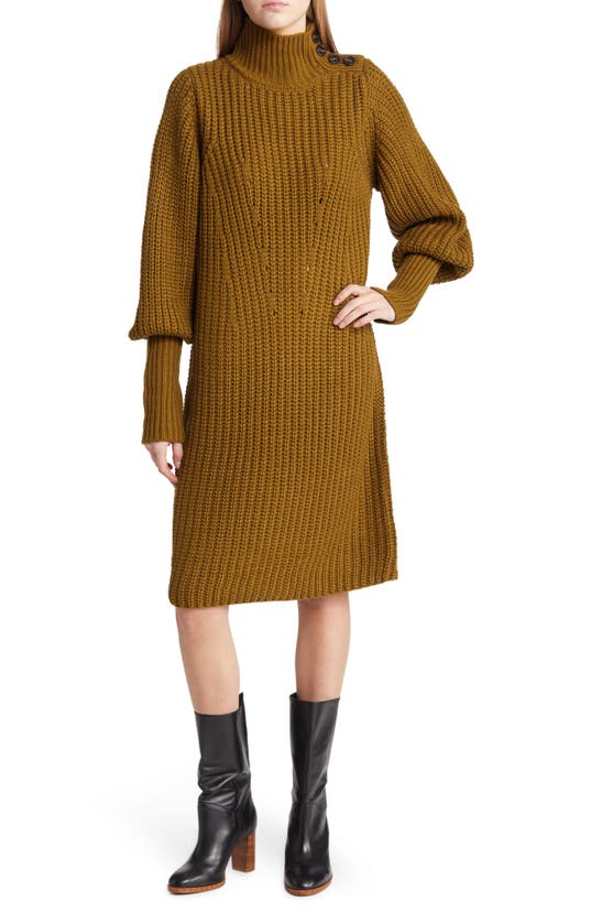 Moon River Button Detail Turtleneck Long Sleeve Sweater Dress In Olive