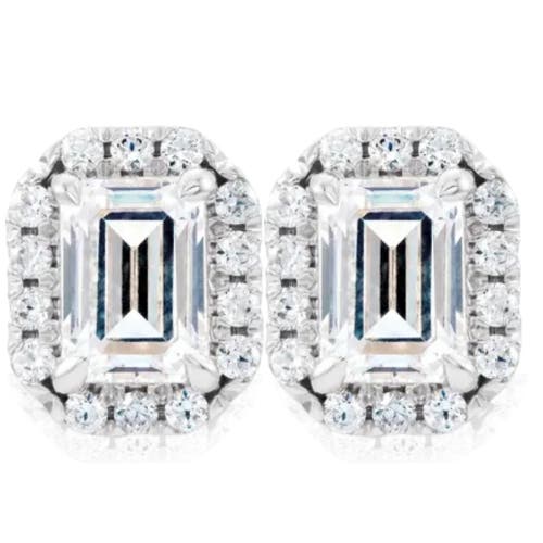 Bliss Diamond 3/4 Ct Emerald Moissanite & Lab Grown Diamond Halo Studs 14k Gold Earrings In 14k White Gold