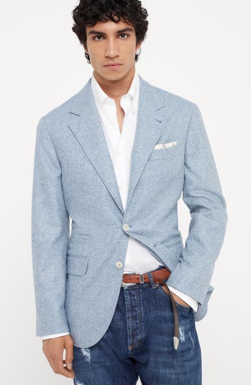 Shop Brunello Cucinelli Flecked Wool, Silk And Cashmere Comfort Chevron Deconstructed Blazer In Azure