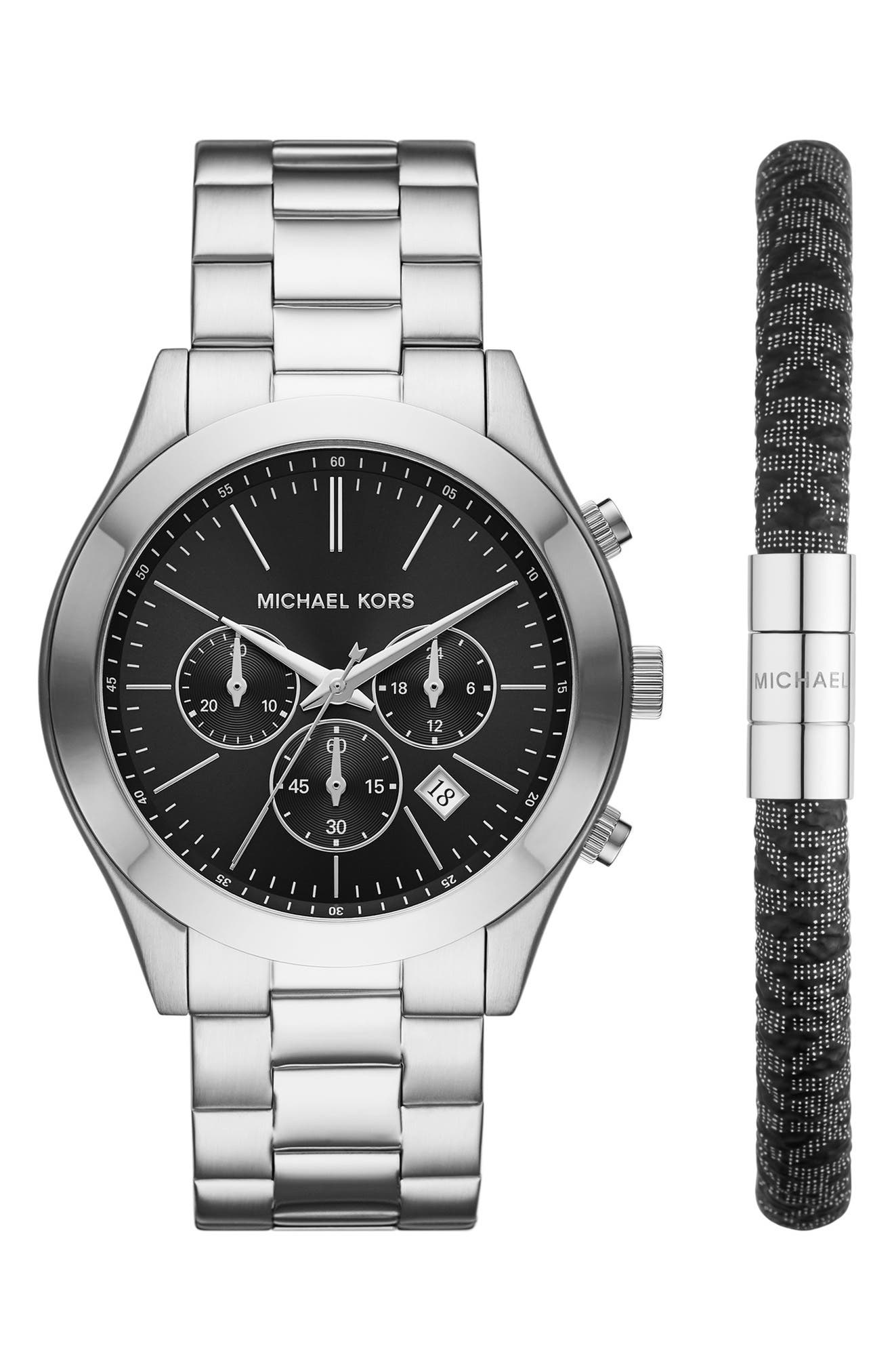 Michael Kors Men's Slim Runway Chronograph Stainless Steel Watch and PVC Bracelet Set - Silver
