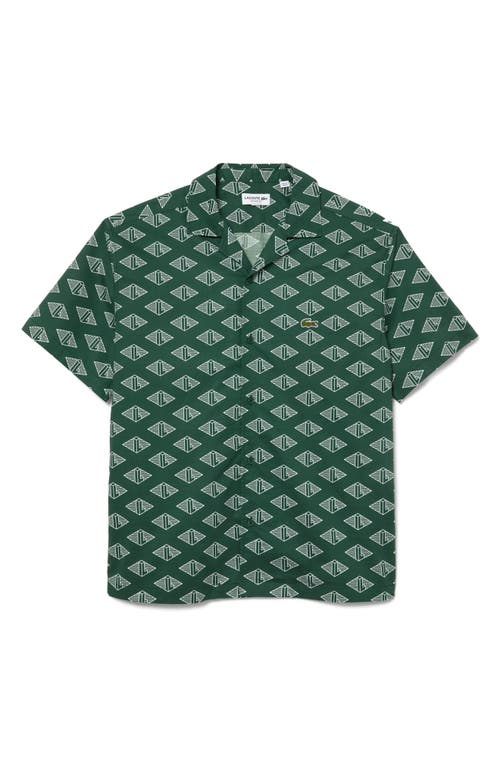 Lacoste Relaxed Fit Logo Print Short Sleeve Button-up Camp Shirt In Green/flour