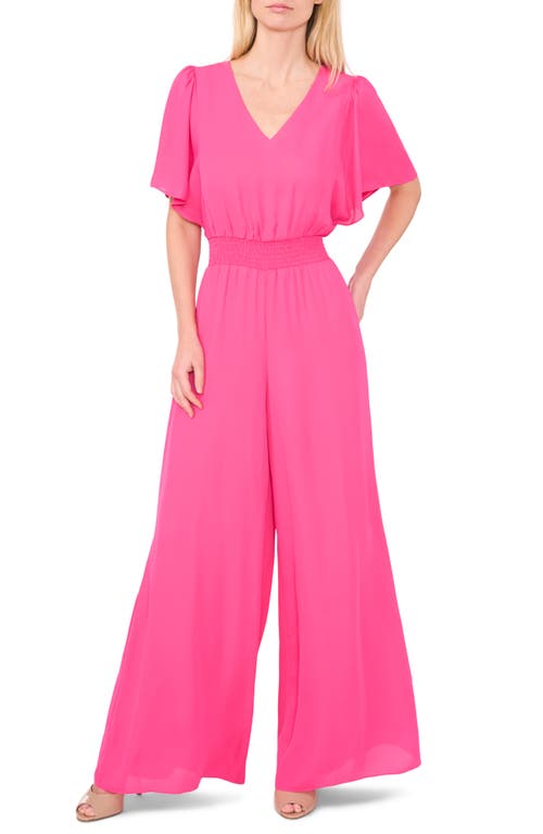 Smocked Waist Wide Leg Jumpsuit in Bright Rose Pink