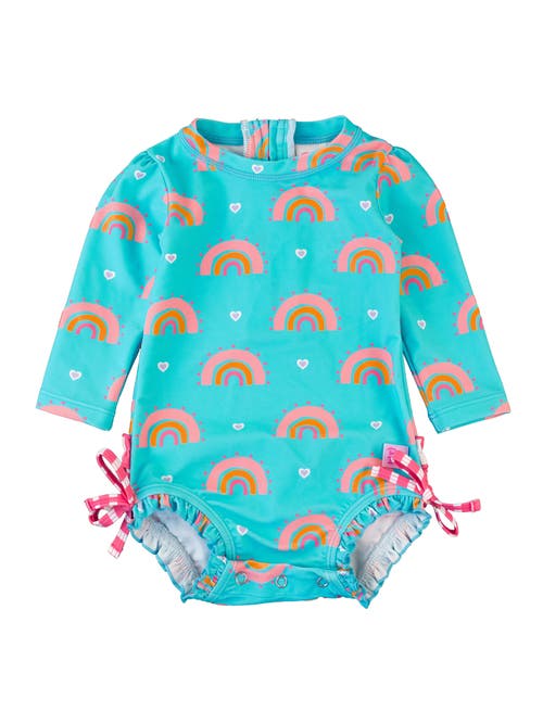 RuffleButts Baby Girls Long Sleeve UPF50+ One Piece Rash Guard in Catching Rainbows 