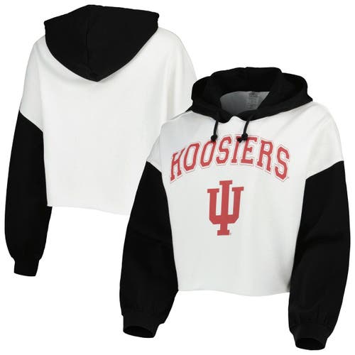 Women's Gameday Couture White/Black Indiana Hoosiers Good Time Color Block Cropped Hoodie