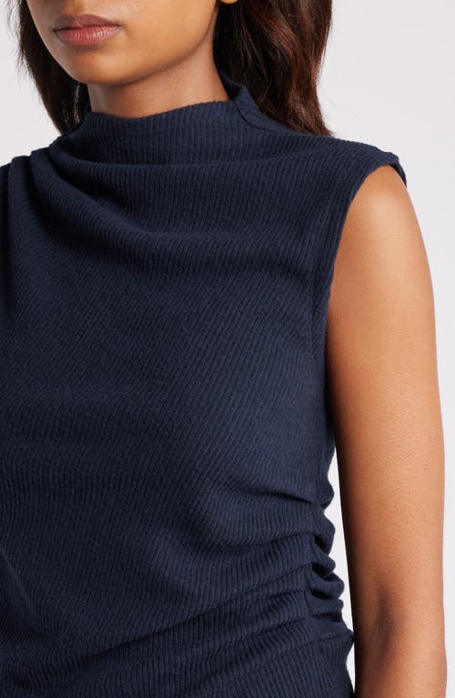 Wit & Wisdom Asymmetric Ruched Sleeveless Mock Neck Knit Top In Heather Carbon Blue