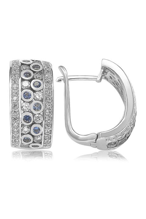 Sterling Silver Sapphire and Diamond Hoop Earrings - 0.02 ctw