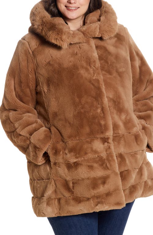 Hooded Faux Fur Coat in Camel