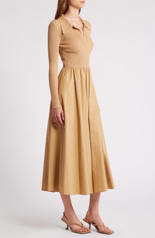 Shop Moon River Mixed Media Long Sleeve Midi Dress In Taupe