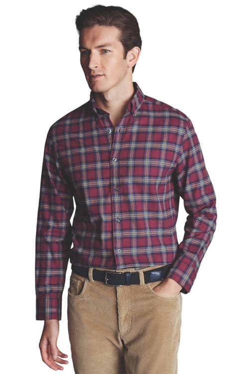 Slim Fit Button-Down Collar Brushed Flannel Check Shirt in Dark Red