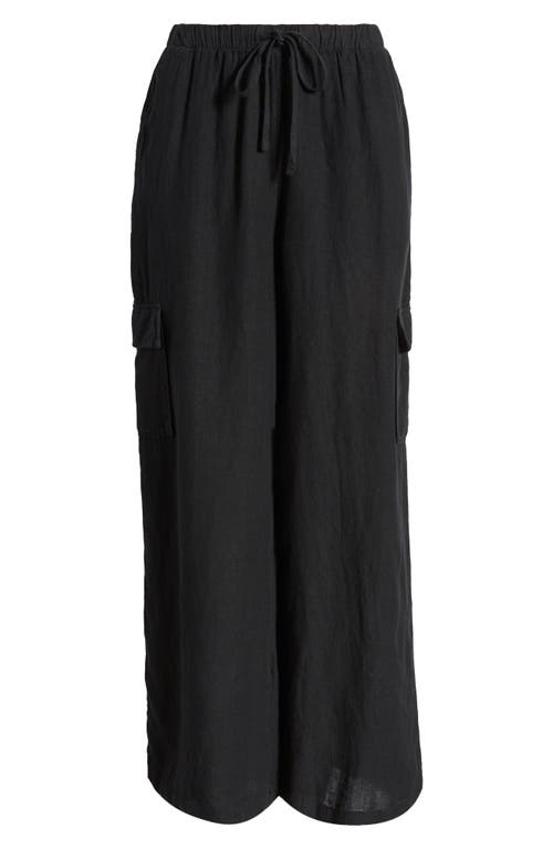 caslon(r) Drawstring Wide Leg Linen Cargo Pants in Black