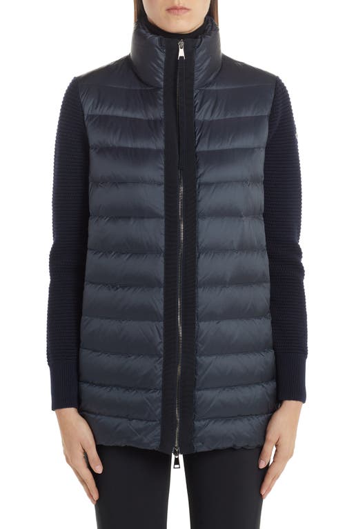 Moncler Quilted Down & Wool Long Cardigan in Navy
