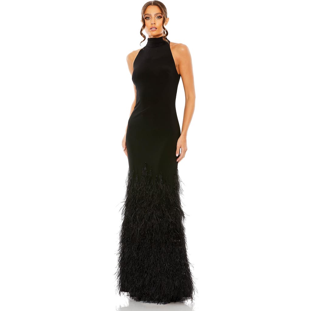 Mac Duggal Halter Gown With Feather Tiered Detail In Black