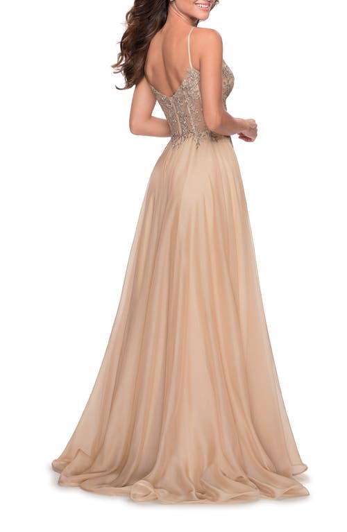 Shop La Femme A-line Gown With Sheer Floral Embellished Bodice In Nude