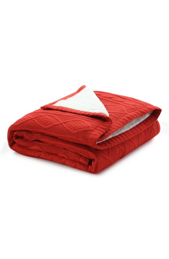 Inspired Home Cable Knit Faux Shearling Reversible Throw Blanket In Red