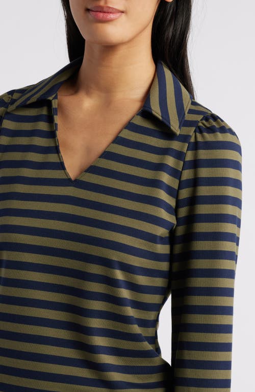 Shop Caslonr Caslon(r) Long Sleeve Johnny Collar Polo In Olive Burnt- Navy Charm Stripe