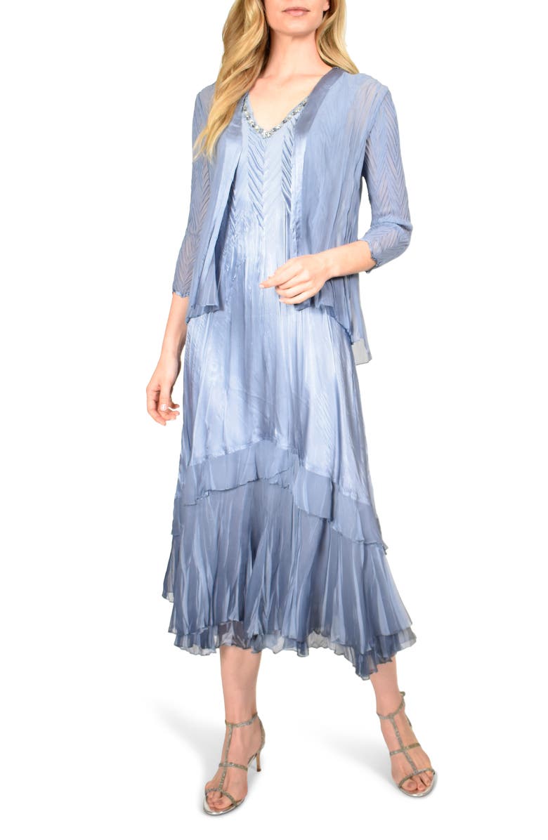 Komarov Beaded Neck Charmeuse Midi Dress With Chiffon Jacket