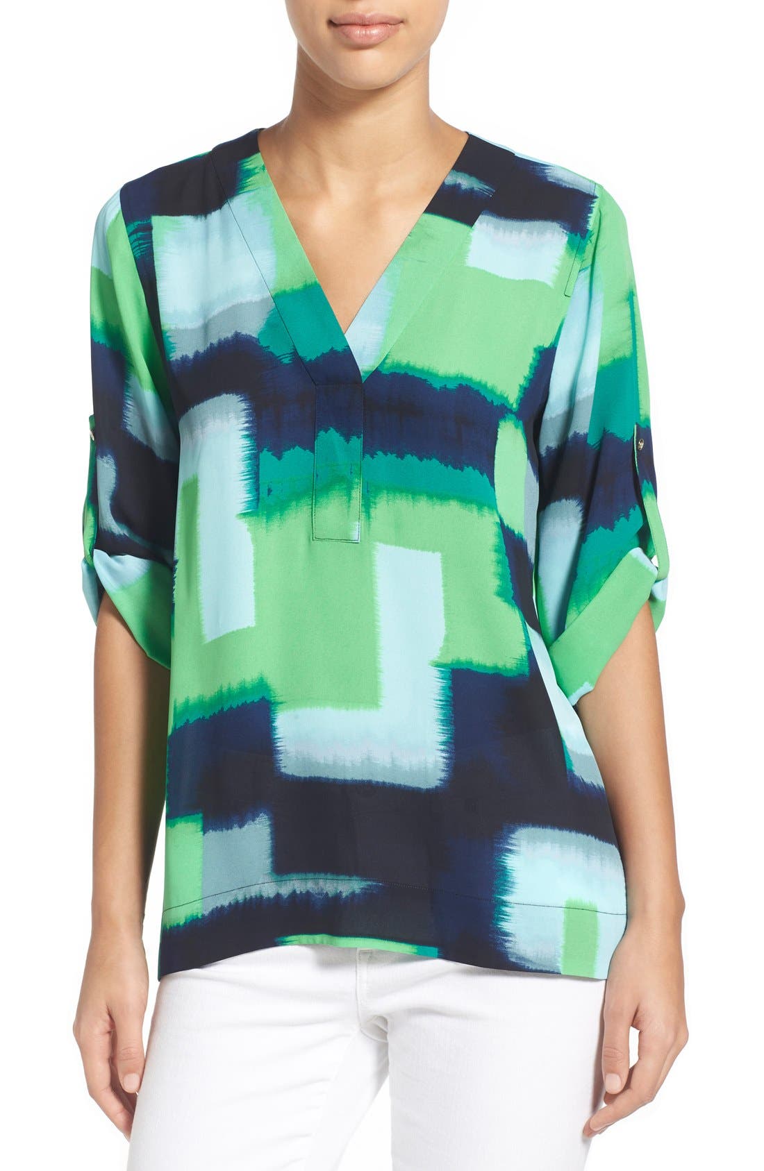 Chaus Abstract Print Roll Sleeve VNeck Blouse Nordstrom