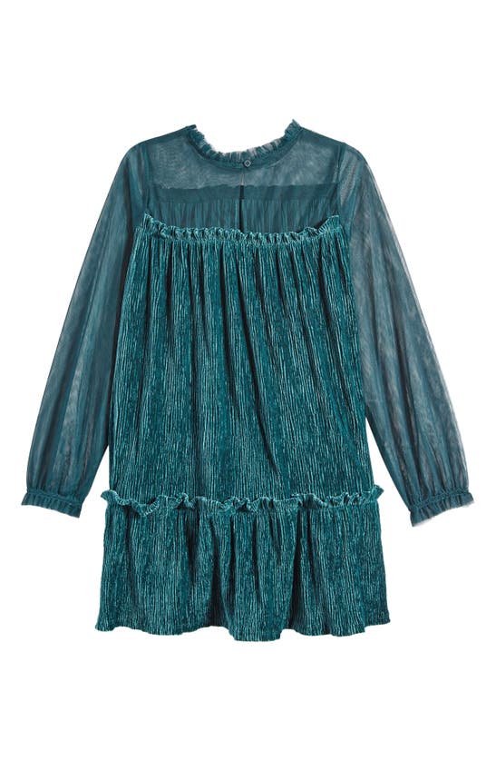 Shop Bcbg Kids' Long Sleeve Plissé Velour Dress In Deep Green