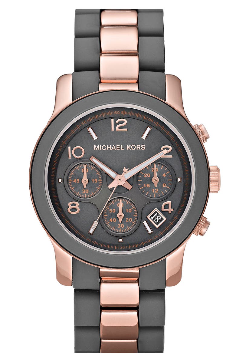 MICHAEL MICHAEL KORS Michael Kors 'Silicone Runway' Rose Gold Chronograph Watch, Main, color, 020