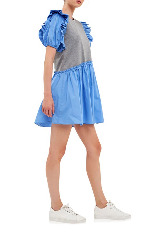 Shop English Factory Mixed Media Ruffle Minidress In Grey/blue