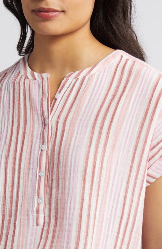 Shop Caslon (r) Stripe Cotton Gauze Henley In Ivory Cloud- Pink Vera Stripe