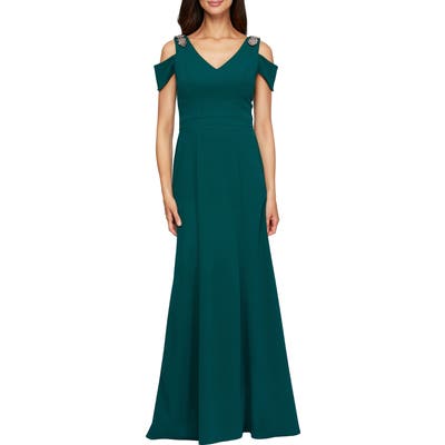 Alex Evenings Cold Shoulder Trumpet Gown, Green